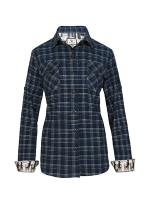 Front view of a womens printed soft navy blue plaid flannel shirt-XR198NY-S,XR198NY-M,XR198NY-L,XR198NY-XL,XR198NY-XXL