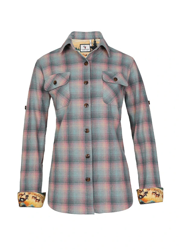 Front view of a womens printed soft blue pink plaid flannel shirt