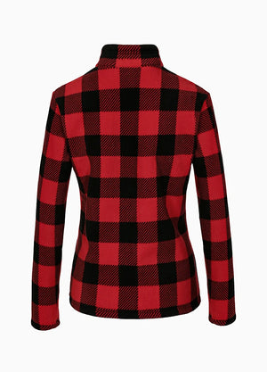 Back view of women's winter warm red black jacket with sherpa lined