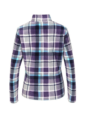 Back view of women's winter warm purple plaid jacket with sherpa lined