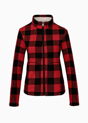 Front view of a women's full zip up red black sherpa-lined jacket