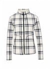 Front view of a women's full zip up white plaid sherpa-lined jacket