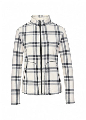 Front view of a women's full zip up white plaid sherpa-lined jacket