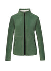 Front view of a women's full zip up dark green sherpa-lined jacket