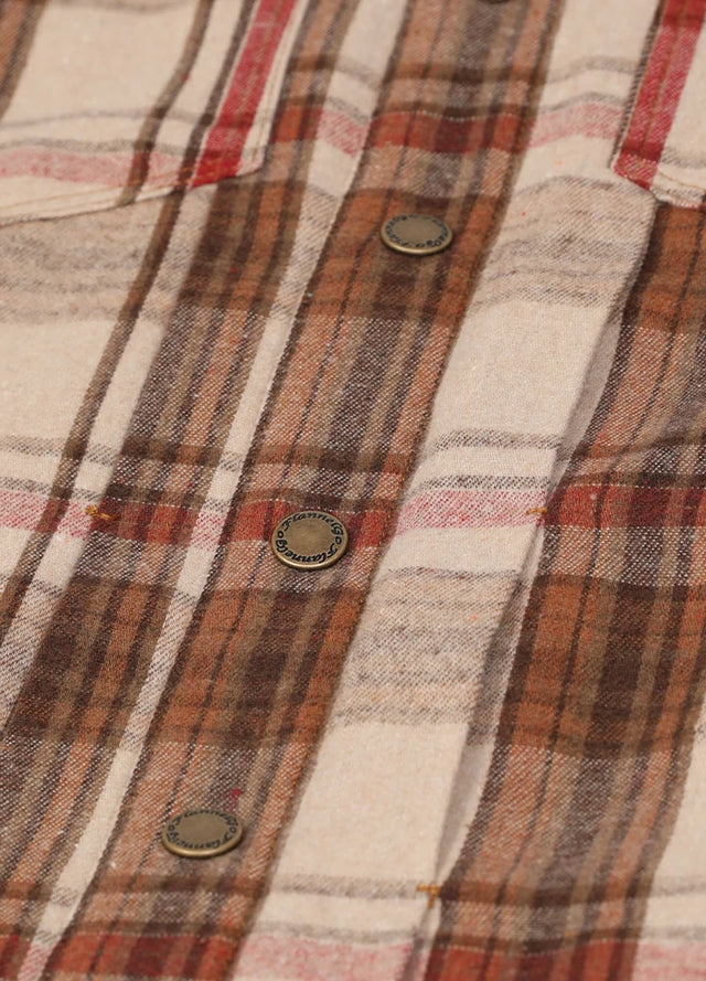 Detailed view of the snap button of the khaki brown men's cozy fleece lined shacket