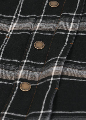 Detailed view of the snap button of the black red men's warm snap button up jacket