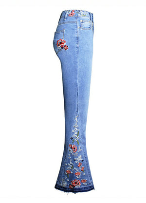 Women's Stretch Floral-Embroidered Bell Jeans