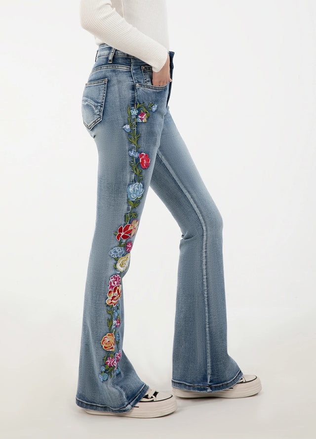 Women's 70s Retro Flare Jeans with Floral Embroidery