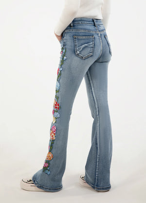Women's 70s Retro Flare Jeans with Floral Embroidery