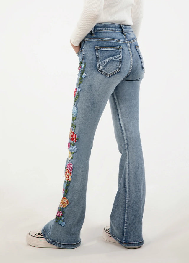 Women's 70s Retro Flare Jeans with Floral Embroidery