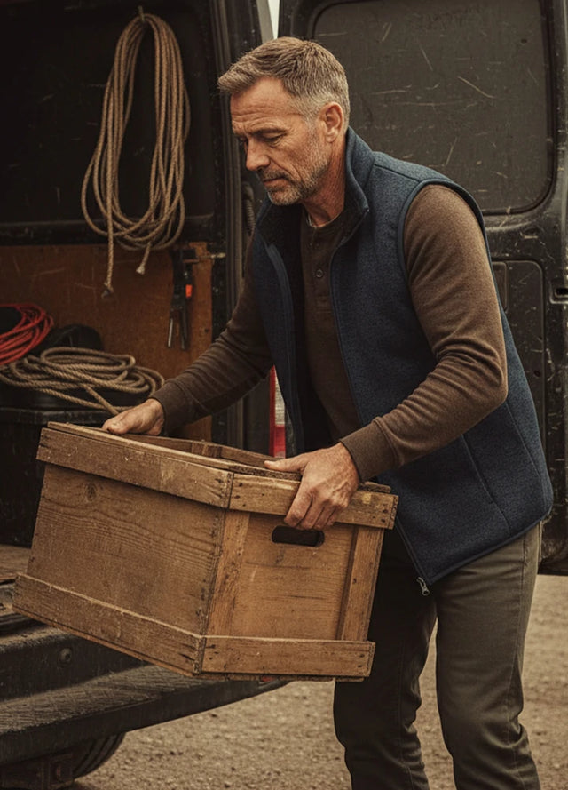 Front view of a men wearing a dark blue men's sweater fleece vest carrying a wooden box in hand-XR606SHENLAN0S,XR606SHENLAN0M,XR606SHENLAN0L,XR606SHENLAN0XL,XR606SHENLAN0XXL