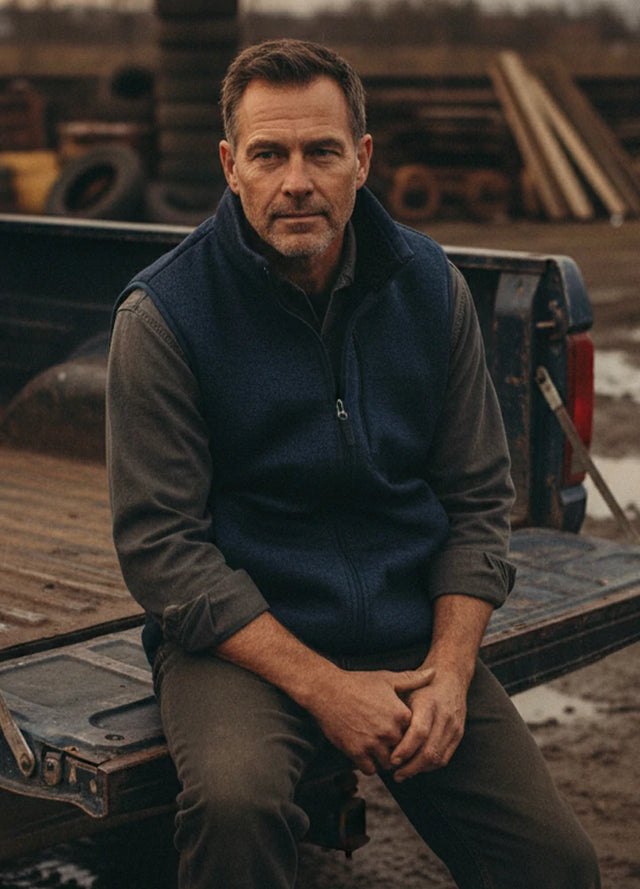 Front view of a man wearing a dark blue sweater fleece vest-XR606SHENLAN0S,XR606SHENLAN0M,XR606SHENLAN0L,XR606SHENLAN0XL,XR606SHENLAN0XXL