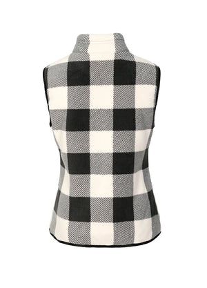 Back view of a womens black white plaid sweater fleece vest with zip-up