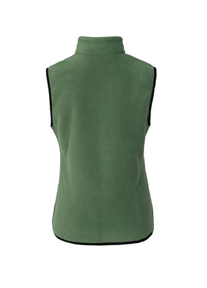 Back view of a womens forest green sweater fleece vest with zip-up