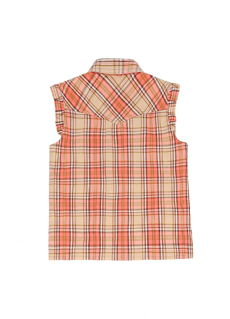 Back view of melon red kid's lapel western plaid vest
