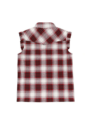 Back view of wine kid's pearl snap western plaid vest