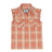 Front view of melon red kid's pearl snap western plaid vest