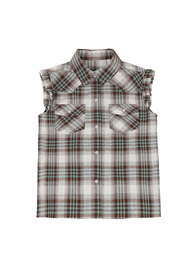 Front view of turquoise kid's pearl snap western plaid vest