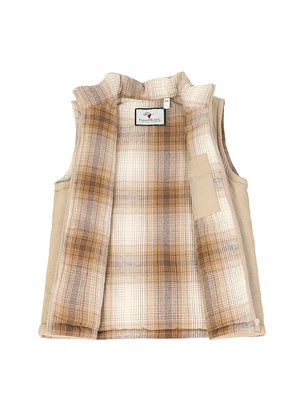 Khaki lightweight puffer vest for kids flannel lined detail