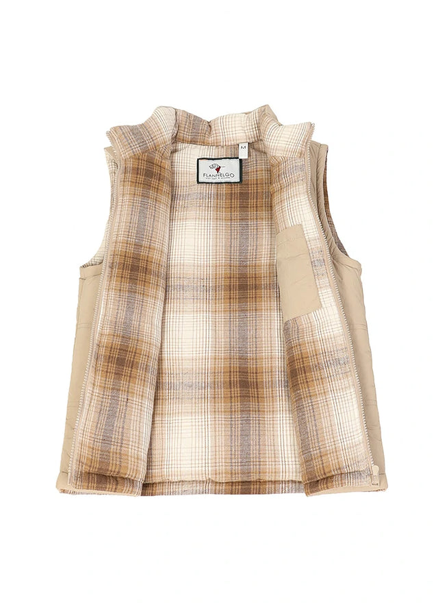 Khaki lightweight puffer vest for kids flannel lined detail
