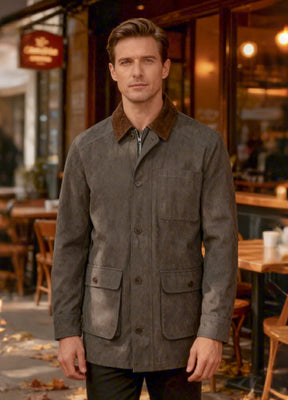 Lifestyle view of a man wearing gray men's heritage vintage field jacket-XR807GY-M,XR807GY-L,XR807GY-XL,XR807GY-XXL