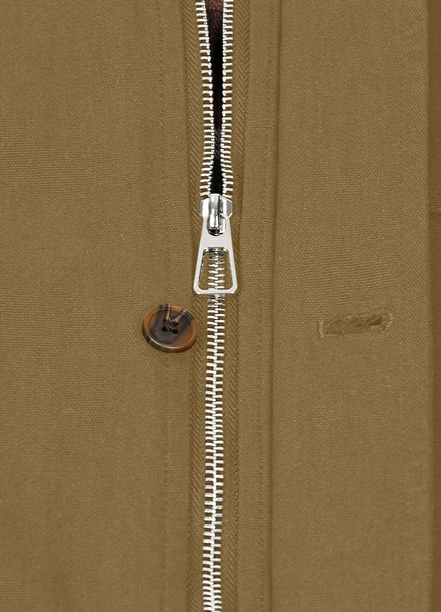 Close-up of the zipper on khaki brown men's heritage vintage field jacket-XR807KB-M,XR807KB-L,XR807KB-XL,XR807KB-XXL