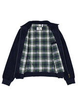 Front view of the lining of navy men's warm vintage corduroy shirt jacket 
