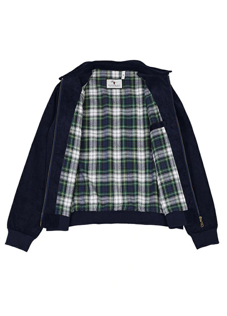 Front view of the lining of navy men's warm vintage corduroy shirt jacket 