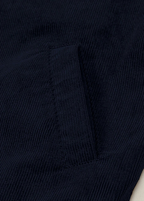 Close-up of the hand pocket of navy men's warm corduroy solid jacket 