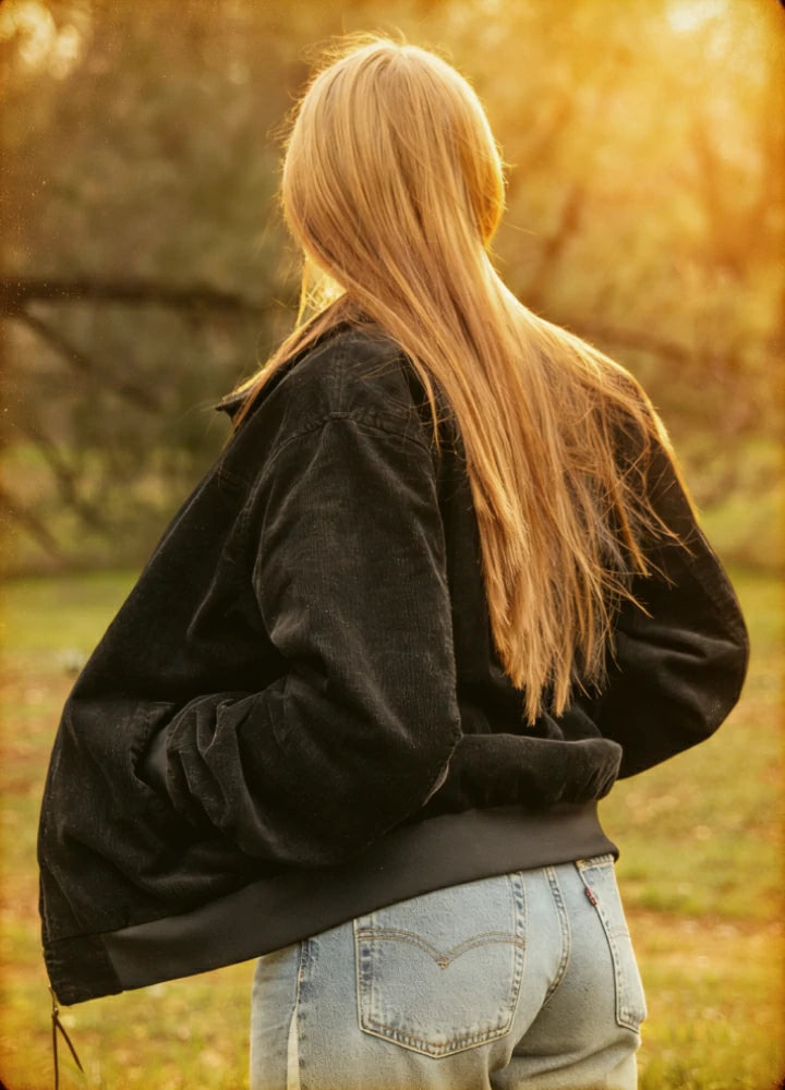 Lifestyle view of a woman wearing black women's vintage corduroy jacket-XR811BK-S,XR811BK-M,XR811BK-L,XR811BK-XL