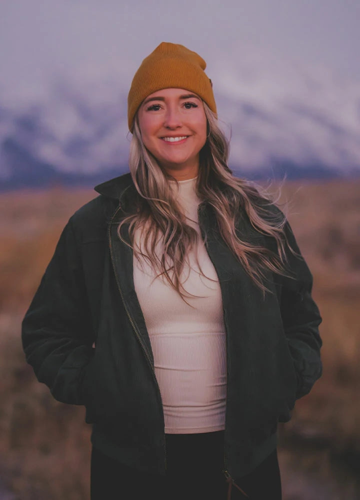 Lifestyle view of a woman wearing moss women's vintage corduroy jacket-XR811MS-S,XR811MS-M,XR811MS-L,XR811MS-XL