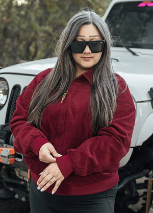 Lifestyle view of a woman wearing wine women's vintage corduroy jacket-XR811WE-S,XR811WE-M,XR811WE-L,XR811WE-XL