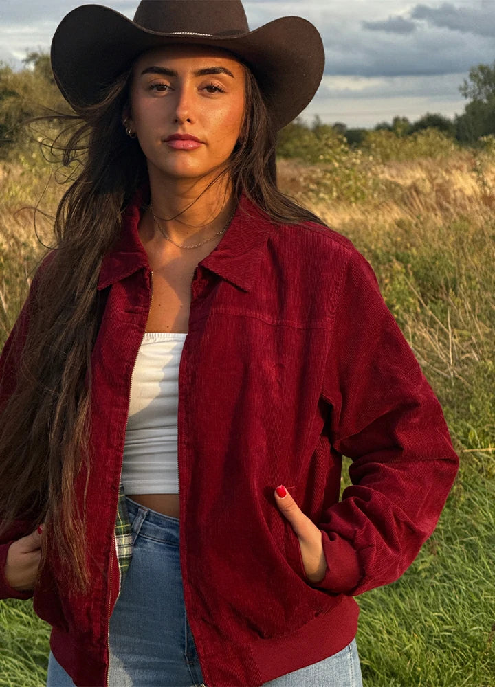 Lifestyle view of a woman wearing wine women's vintage corduroy jacket-XR811WE-S,XR811WE-M,XR811WE-L,XR811WE-XL