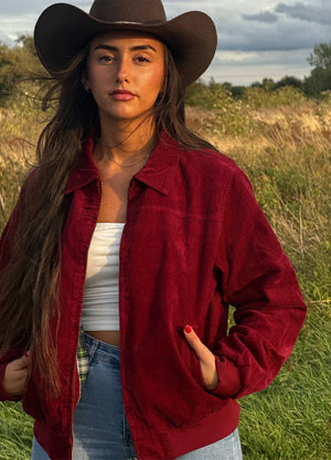 Lifestyle view of a woman wearing wine women's vintage corduroy jacket-XR811WE-S,XR811WE-M,XR811WE-L,XR811WE-XL