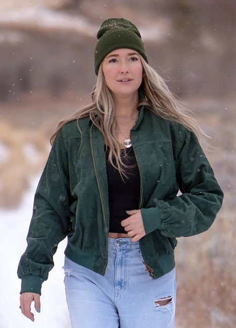 Lifestyle view of a woman wearing moss women's vintage corduroy jacket-XR811MS-S,XR811MS-M,XR811MS-L,XR811MS-XL