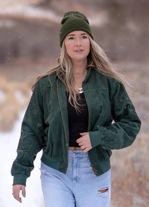 Lifestyle view of a woman wearing moss women's vintage corduroy jacket-XR811MS-S,XR811MS-M,XR811MS-L,XR811MS-XL
