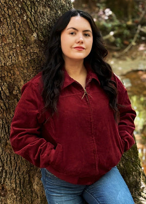 Lifestyle view of a woman wearing wine women's vintage corduroy jacket-XR811WE-S,XR811WE-M,XR811WE-L,XR811WE-XL