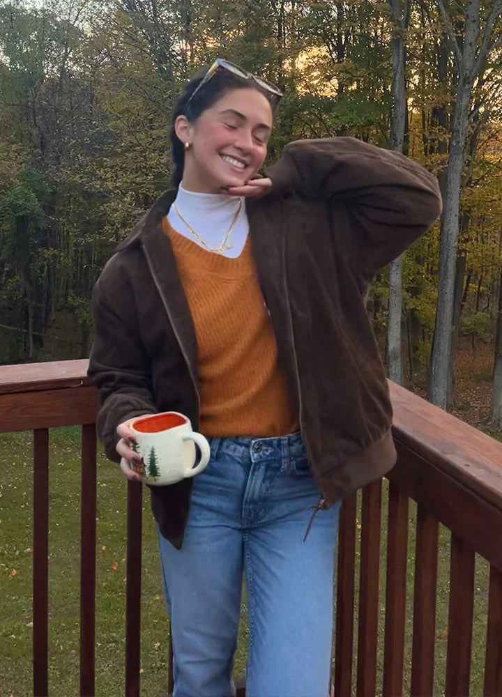 Lifestyle view of a woman wearing vintage brown women's vintage corduroy jacket-XR811VB-S,XR811VB-M,XR811VB-L,XR811VB-XL