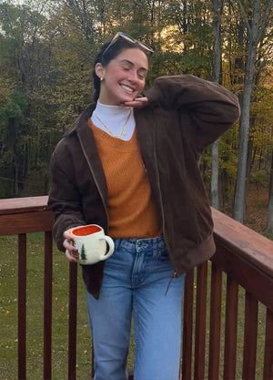Lifestyle view of a woman wearing vintage brown women's vintage corduroy jacket-XR811VB-S,XR811VB-M,XR811VB-L,XR811VB-XL