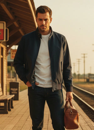 Front view of a man standing on a train station platform wearing a navy men's classic harrington flannel lined jacket-XR8526ZQ-S,XR8526ZQ-M,XR8526ZQ-L,XR8526ZQ-XL,XR8526ZQ-XXL