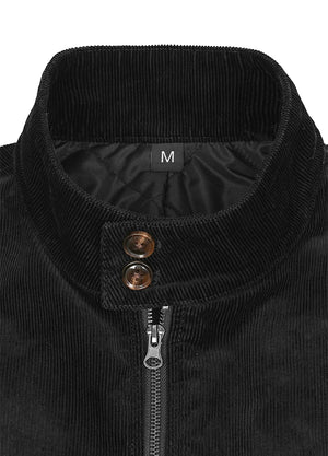 Close up of the neckline of a black men's classic harrington corduroy jacket-XR8541HS-S,XR8541HS-M,XR8541HS-L,XR8541HS-XL,XR8541HS-XXL