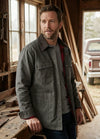 Front view of a man wearing a gray men's workwear inspired flannel lined barn jacket 8.3 oz-XR8531HuiS-S,XR8531HuiS-M,XR8531HuiS-L,XR8531HuiS-XL,XR8531HuiS-XXL,XR8531HuiS-3XL