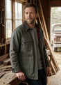 Front view of a man wearing a gray men's workwear inspired flannel lined barn jacket 8.3 oz-XR8531HuiS-S,XR8531HuiS-M,XR8531HuiS-L,XR8531HuiS-XL,XR8531HuiS-XXL,XR8531HuiS-3XL