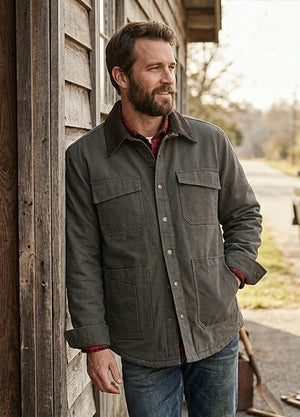 Side view of a man wearing a gray men's workwear inspired flannel lined barn jacket 8.3 oz-XR8531HuiS-S,XR8531HuiS-M,XR8531HuiS-L,XR8531HuiS-XL,XR8531HuiS-XXL,XR8531HuiS-3XL