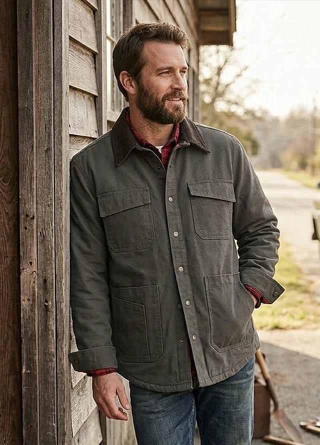 Side view of a man wearing a gray men's workwear inspired flannel lined barn jacket 8.3 oz-XR8531HuiS-S,XR8531HuiS-M,XR8531HuiS-L,XR8531HuiS-XL,XR8531HuiS-XXL,XR8531HuiS-3XL