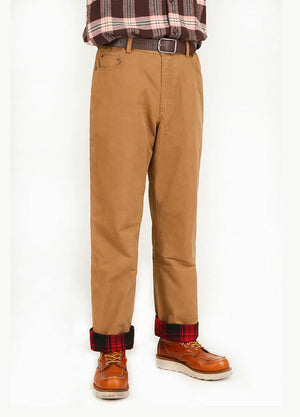 Side view of a man wearing khaki men's flannel lined pants