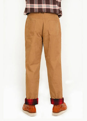 Back view of a man wearing khaki men's soft washed flannel lined pants