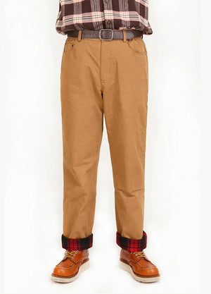Front view of a man wearing khaki men's flannel lined pants