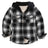 Front view of black white toddler sherpa lined snap flannel hoodie
