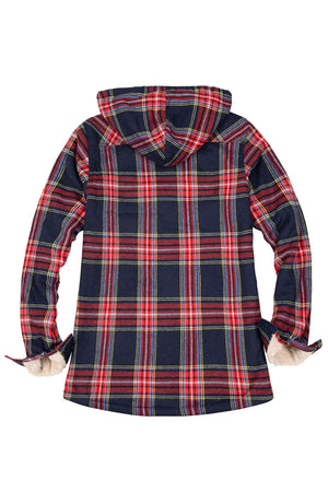 Back view of a women's red navy long sleeves soft plaid jacket with hood
